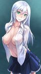  blush breasts green_eyes highres la_folia_rihavein large_breasts long_hair navel open_clothes open_shirt shirt skirt smile solo strike_the_blood utu_(ldnsft) white_hair 