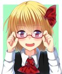  adjusting_eyewear ascot bespectacled black_dress blonde_hair blush dress glasses hair_ribbon long_sleeves looking_at_viewer open_mouth pink_eyes red-framed_eyewear ribbon rumia shirt smile solo touhou upper_body yabu_q 