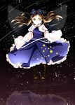  blue_dress boots bow brown_eyes brown_hair capelet cross-laced_footwear dress fairy_wings hair_bow highres lace-up_boots long_hair long_sleeves reflection revision shirt solo star star_sapphire touhou wide_sleeves wind wings yonu_(yonurime) 