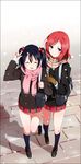  :d ^_^ bag black_hair blush bow closed_eyes gloves hair_bow kneehighs loafers love_live! love_live!_school_idol_project multiple_girls navy_blue_legwear nishikino_maki ohayohayo open_mouth plaid plaid_scarf purple_eyes red_hair scarf school_bag school_uniform shoes skirt smile snow twintails yazawa_nico 