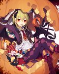  androgynous bandages bat_wings black_gloves blonde_hair boots cake candy cross-laced_footwear demon_horns eating fang food food_on_face fork gloves halloween hijiri_(resetter) horns jack-o'-lantern looking_at_viewer male_focus necktie open_clothes open_mouth open_vest original otoko_no_ko pants plate pumpkin red_eyes revision shirt single_glove sitting solo trance_(hijiri) vest wings 
