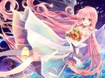  bad_id bad_pixiv_id barefoot bouquet dress flower long_hair night open_mouth original pink_hair revision sky smile solo sunflower t_miyanagi very_long_hair water wings 