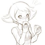  bandaid bandaid_on_nose blush breasts eating food food_on_face gym_leader highres monochrome onigiri pokemon pokemon_(game) pokemon_dppt refuto rice rice_on_face short_hair sketch small_breasts solo sumomo_(pokemon) 