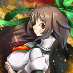  blush bow breasts brown_hair covered_nipples hair_bow hand_on_own_chest large_breasts long_hair looking_at_viewer looking_back red_eyes reiuji_utsuho short_sleeves smile solo third_eye touhou umigarasu_(kitsune1963) wings 