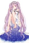  1girl absurdly_long_hair arm_strap barefoot choker dress euryale fate/hollow_ataraxia fate_(series) full_body hairband lolita_hairband long_hair looking_at_viewer mishiro_(andante) purple_eyes purple_hair simple_background sitting sketch sleeveless sleeveless_dress smile solo strapless strapless_dress twintails very_long_hair white_background white_dress 