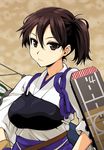  arrow blush breasts brown_eyes brown_hair hakama_skirt japanese_clothes kaga_(kantai_collection) kantai_collection medium_breasts muneate quiver short_hair side_ponytail skirt solo tasuki upper_body yamaguchi_homupe 