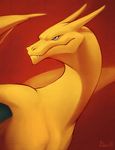  ambiguous_gender blue_eyes charizard falvie feral male nintendo orange_body plain_background pok&#233;mon pok&eacute;mon red_background solo video_games 