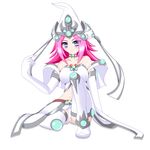  aqua_eyes blush breasts collar duel_monster elbow_gloves gloves glowing hat high_priestess_of_prophecy kirua_(nikohina) long_hair looking_at_viewer panties pink_hair sitting solo thighhighs underwear white_legwear white_panties wizard_hat yuu-gi-ou 