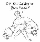  bear big_mouth black_and_white clothing english_text hair human humor insane jeans joke male mammal monochrome muscles pants pecs plain_backround pun sharp_teeth sketch teeth text what 