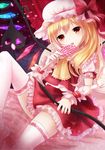  ascot bad_id bad_pixiv_id blonde_hair candy flandre_scarlet food hat hat_ribbon laevatein licking lollipop looking_at_viewer mob_cap nunucco petals pink_legwear puffy_sleeves red_eyes revision ribbon shirt short_sleeves side_ponytail sitting skirt skirt_set solo thighhighs tongue tongue_out touhou white_legwear wings wrist_cuffs zettai_ryouiki 