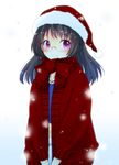  black_hair brown_hair choukai_(kantai_collection) fujii_chifumi glasses hat kantai_collection light_smile long_hair navel red_eyes santa_hat skirt snowing solo winter_clothes 