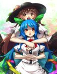  blue_hair blush bow breast_pillow breasts brown_hair eyebrows food fruit hair_bow hat hat_removed headwear_removed headwear_switch height_difference hinanawi_tenshi hug hug_from_behind large_breasts long_hair medium_breasts multiple_girls open_mouth peach red_eyes reiuji_utsuho smile thick_eyebrows touhou umigarasu_(kitsune1963) wings 
