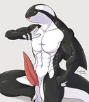  abs anthro barefoot biceps big_muscles big_penis black_skin cetacean claws erection genital_slit grin hi_res impious looking_at_viewer male mammal manly marine muscles navel nude orca pecs penis pose presenting raised_leg red_eyes scales sheath sitting slit smile solo tapering_penis toe_claws toned tongue tongue_out whale white_skin 