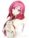  alternate_hairstyle buttons coat coffee cup disposable_cup drinking_straw fur_collar fur_trim holding holding_cup iced_coffee lips looking_at_viewer love_live! love_live!_school_idol_project nishikino_maki parted_lips pink_hair poaro purple_eyes sipping solo twitter_username upper_body 