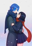  1girl age_difference bad_id bad_pixiv_id black_hair blue_eyes blue_hair coat eye_contact height_difference hug kill_la_kill lloule looking_at_another matoi_ryuuko mikisugi_aikurou multicolored_hair red_hair scarf short_hair skirt streaked_hair two-tone_hair winter 