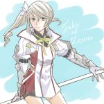  1girl alisha_diphda copyright_name cowboy_shot gloves green_eyes green_ribbon grey_gloves grey_shorts hair_between_eyes long_hair mishiro_(andante) neck_ribbon ponytail ribbon short_shorts shorts silver_hair smile solo standing tales_of_(series) tales_of_zestiria 