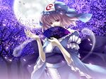  arm_garter ayase_hazuki cherry_blossoms fan fog folding_fan goshoguruma hands hat hitodama moon obi red_eyes saigyouji_yuyuko saigyouji_yuyuko's_fan_design sash shippou_(pattern) short_hair sky solo touhou tree triangular_headpiece 