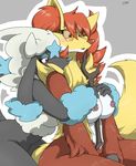  anthrofied areola between_breasts breasts canine cleavage clothed clothing delphox dog eyewear female fennec fox furfrou glasses hair lesbian mammal nintendo nipples pok&#233;mon red_eyes side_boob stick video_games zerofox1000 