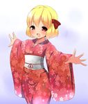  alternate_costume blonde_hair cherry_blossoms fang floral_print gradient gradient_background hair_ribbon japanese_clothes kimono kyokutou_hentai_samurai looking_at_viewer obi open_mouth outstretched_arms red_eyes red_kimono ribbon rumia sash short_hair solo spread_arms touhou 