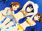  :&lt; armpits arms_up bare_shoulders bikini black_hair blush brown_eyes brown_hair day denim denim_shorts dutch_angle flat_chest hair_ribbon highres hirasawa_ui iwasaki_nami k-on! long_hair multiple_girls nakano_azusa navel official_art one_eye_closed open_mouth ponytail pulled_by_another ribbon scan short_hair short_twintails shorts shorts_pull smile suzuki_jun swimsuit twintails undressing 