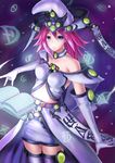  aqua_eyes book breasts collar duel_monster elbow_gloves gloves glowing hat high_priestess_of_prophecy highres long_hair looking_at_viewer medium_breasts mizya pink_hair solo thighhighs white_legwear wizard_hat yuu-gi-ou 