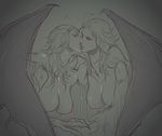  blood breasts demon_girl dragon's_dogma french_kiss kiss large_breasts monochrome multiple_girls nipples red_eyes succubus wings wolfina yuri 