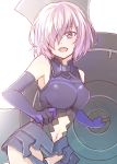  1girl :d armored_leotard breasts cowboy_shot elbow_gloves fate/grand_order fate_(series) gloves hair_over_one_eye holding_shield large_breasts leotard looking_at_viewer mash_kyrielight midriff mishiro_(andante) navel navel_cutout open_mouth pink_hair purple_eyes purple_gloves purple_leotard shield short_hair smile solo standing stomach 