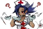  1girl ? blue_hair breasts choker cleavage cleavage_reach eyepatch gloves hair_over_one_eye hat large_breasts lips nurse nurse_cap ponytail red_cross red_eyes scar skullgirls solo syringe tan thermometer tossing valentine_(skullgirls) yuriyuri_(ccc) 