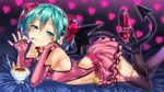  absurdres belt black_legwear blue_eyes blush bow breasts chin_rest demon_girl demon_tail demon_wings elbow_gloves elbow_rest fingerless_gloves food gloves green_hair hair_bow hatsune_miku headphones heart heart_cutout heart_hunter_(module) highres hisasi lying miniskirt naughty_face navel pink_gloves project_diva_(series) pudding shoes short_hair short_twintails skirt small_breasts solo tail thighhighs twintails vocaloid wings 