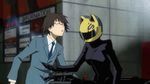  1boy 1girl animated animated_gif bodysuit celty_sturluson durarara!! glasses helmet kishitani_shinra motorcycle motorcycle_helmet necktie school_uniform stab stabbing 