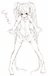  boots brown detached_sleeves hatsune_miku long_hair monochrome sketch skirt solo tetsuo thigh_boots thighhighs twintails very_long_hair vocaloid 