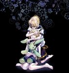  1girl blonde_hair brother_and_sister flower hug hug_from_behind kagamine_len kagamine_rin koko_(oyasuminasai) lowres md5_mismatch ribbon sad short_hair siblings tattoo tears twins uniform vocaloid 