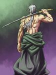  aogumo_(ghost-8492) back bad_id bad_pixiv_id bare_back konpaku_youki male_focus manly muscle ponytail purple_background shirasaya shirtless silver_hair solo sword touhou weapon 
