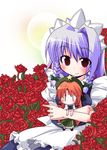  bad_id bad_pixiv_id blush character_doll chibi doll flower hairband hong_meiling hug izayoi_sakuya kuraryu red_eyes ribbon rose silver_hair solo touhou |_| 