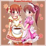  apron bad_id bad_pixiv_id blush chocolate chocolate_making chocolate_on_face copyright_request dated english food food_on_face frown happy_valentine heart mixing_bowl multiple_girls sakuragi_akira thighhighs tongue tongue_out valentine whisk zettai_ryouiki 
