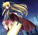  bardiche belt blonde_hair cape cityscape energy_sword fate_testarossa gloves hair_ribbon long_hair lyrical_nanoha mahou_shoujo_lyrical_nanoha night odayan red_eyes ribbon solo star sword thighhighs twintails weapon zettai_ryouiki 