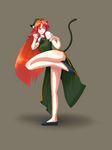  &gt;:) animal_ears blush cat_ears cat_tail fighting_stance green_eyes hands hat hong_meiling kemonomimi_mode legs long_hair red_hair smile solo standing standing_on_one_leg tail touhou v-shaped_eyebrows yammy_(cellblo) 