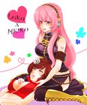  bad_id bad_pixiv_id blue_eyes blue_nails boots breasts cleavage closed_eyes hairband lap_pillow large_breasts long_hair megurine_luka meiko multiple_girls nail_polish nez-doll pink_hair red_nails thighhighs vocaloid 