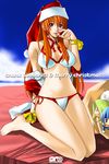  barefoot beach bikini blush breasts brown_eyes brown_hair christmas dead_or_alive hat kasumi_(doa) kneeling large_breasts long_hair ooshima_ryou santa_hat side-tie_bikini swimsuit 