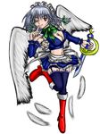  armpits braid breasts cleavage covered_nipples detached_sleeves error feathers garters izayoi_sakuya large_breasts magical_girl maid midriff navel one_eye_closed red_eyes satoyan solo thighhighs touhou twin_braids wings 