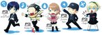  3girls ? aegis_(persona) android blonde_hair bow chibi earphones hat iori_junpei mochizuki_ryouji multiple_boys multiple_girls musical_note persona persona_3 ribbon rimecandy school_uniform smile suspenders takeba_yukari triangle_mouth yuuki_makoto 