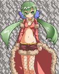  bow fishnet_pantyhose fishnets fur green_eyes green_hair kazami_karasu legwear_under_shorts long_hair lowleg midriff navel open_fly pantyhose pantyhose_under_shorts ragnarok_online ragnarok_the_animation rogue_(ragnarok_online) shorts solo unzipped zipper 