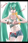  bad_id bad_pixiv_id bracelet denim denim_shorts english fist_in_hand green_eyes green_hair hatsune_miku highres inaichi jewelry lipstick long_hair makeup panties short_shorts shorts side-tie_panties solo twintails unbuttoned underwear very_long_hair vocaloid 
