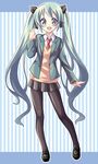  aqua_hair blazer blue_eyes blush dekosuke hatsune_miku jacket long_hair pantyhose school_uniform skirt solo twintails very_long_hair vocaloid 