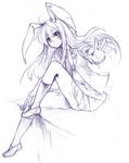  animal_ears blazer bunny_ears foreshortening graphite_(medium) hands jacket long_hair monochrome outstretched_arm outstretched_hand reisen_udongein_inaba sitting sketch smile solo touhou traditional_media usaki_(ama) 