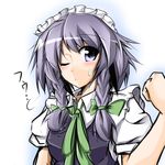  blue_eyes blush braid izayoi_sakuya maid_headdress one_eye_closed purple_hair solo surikogi sweatdrop touhou twin_braids 