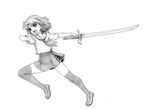  full_body greyscale harumachi_nagaaki legs monochrome school_uniform serafuku short_hair silver_rain skirt solo sword thighhighs weapon 