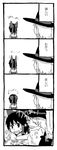  2girls 4koma annoyed bad_id bad_pixiv_id bow braid comic greyscale hair_bow hakurei_reimu highres hug hug_from_behind kirisame_marisa kuroda_(nanchara_flight) monochrome multiple_girls smile surprised touhou translated wavy_mouth 