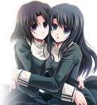  black_eyes black_hair brown_hair green_eyes hug izumiya_otoha kara_no_kyoukai kokutou_azaka multiple_girls ryougi_shiki 