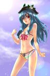 :d bad_id bad_pixiv_id bikini blue_hair bow day flat_chest food fruit hat hinanawi_tenshi lens_flare long_hair navel open_mouth peach red_eyes smile solo swimsuit takemori_shintarou touhou wet 